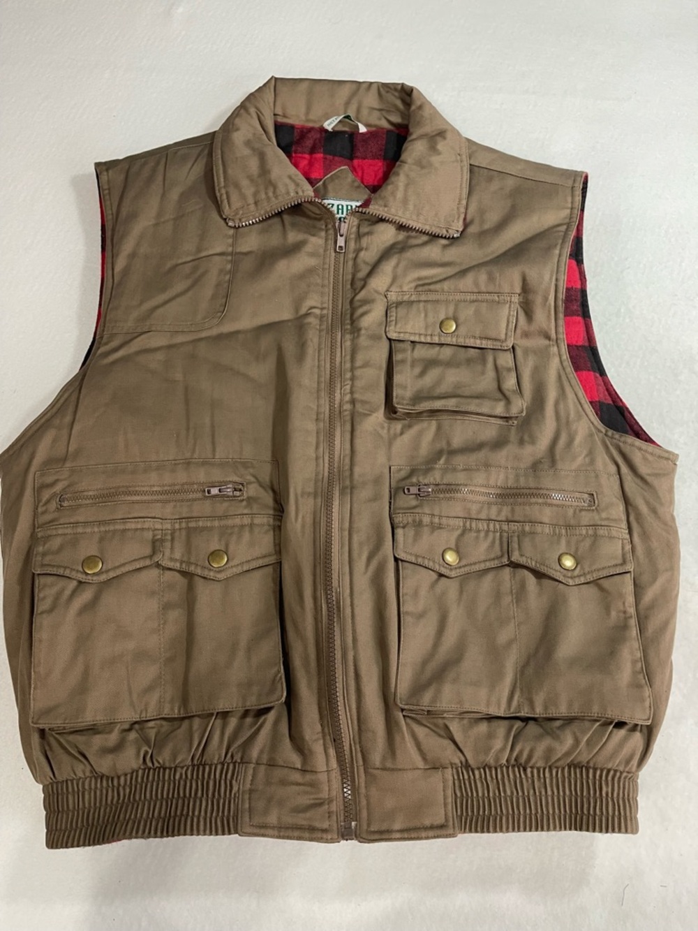 Ozark Trail Brown Utility Vest with Red Plaid Lining large
